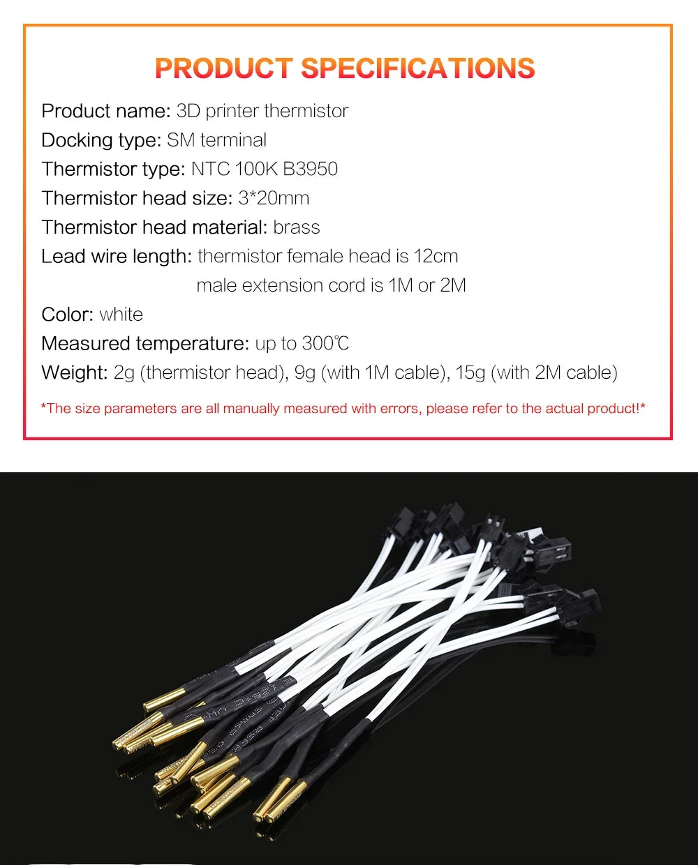 XCR3D 3D Printer Part 100k ohm B3950 NTC Thermistor Temperature Sensor HT-NTC100K 1 Meter 1.5m 2M Cable with Plug Connector