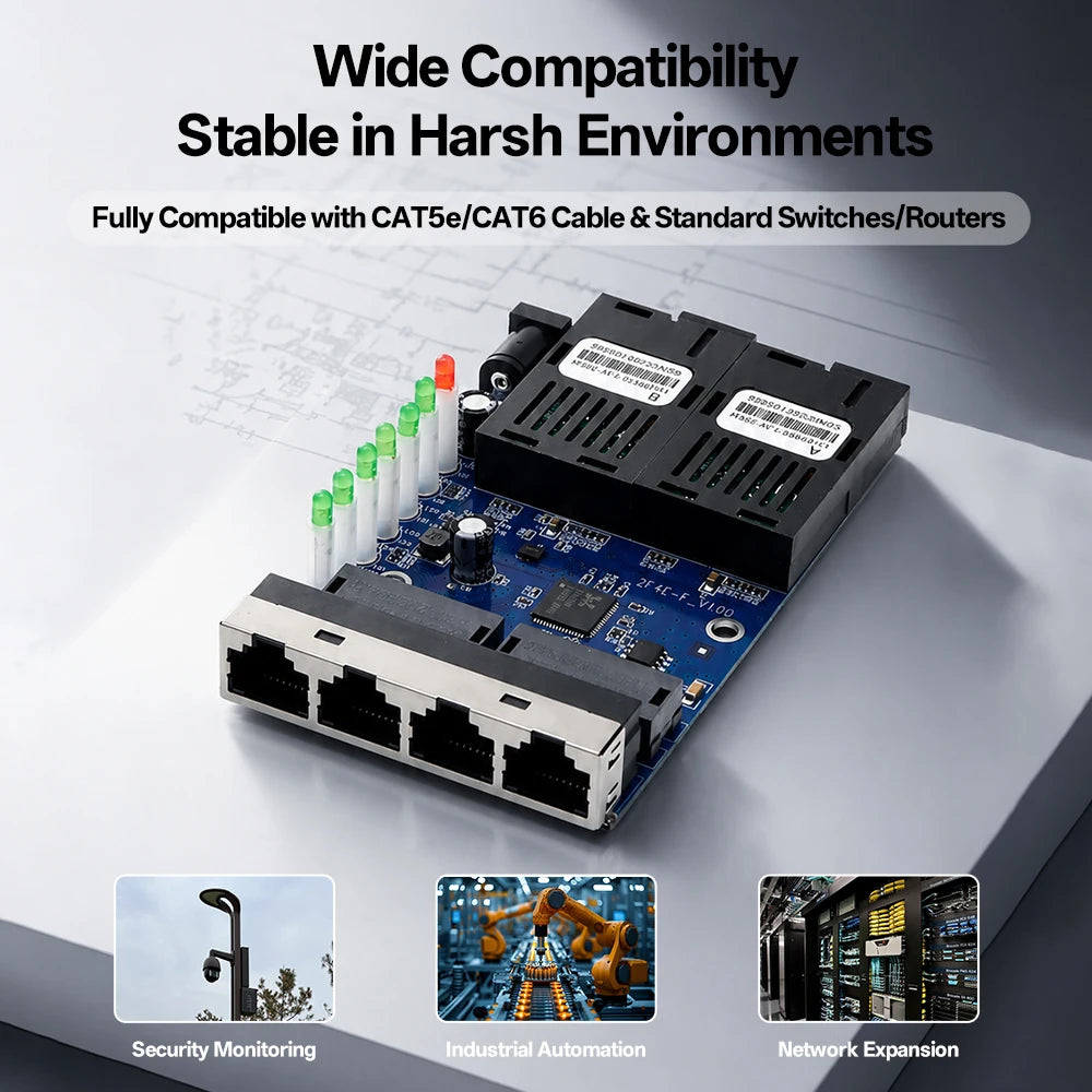 BYXGD 10/100Mbps 2F4E Fiber Media Converter PCB Board 25KM BIDI SC to RJ45 Ethernet Switch for CCTV FTTH Industrial Automation