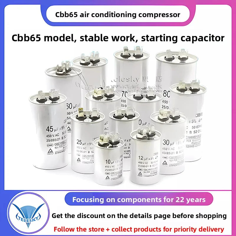 CBB65 AC Motor Capacitor Air Conditioner Compressor Start Capacitor 450VAC 5uF 20uF 25uF 30uF 35uF 40uF 45uF 50uF 60uF 70uF 5%