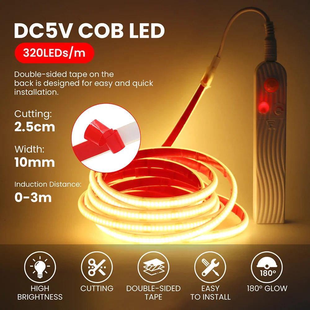 Waterproof Motion Sensor COB Light Battery USB Powered Led Strip IP68 5V Auto ON/OFF Cabinet Kitchen Staircase Liner Lighting