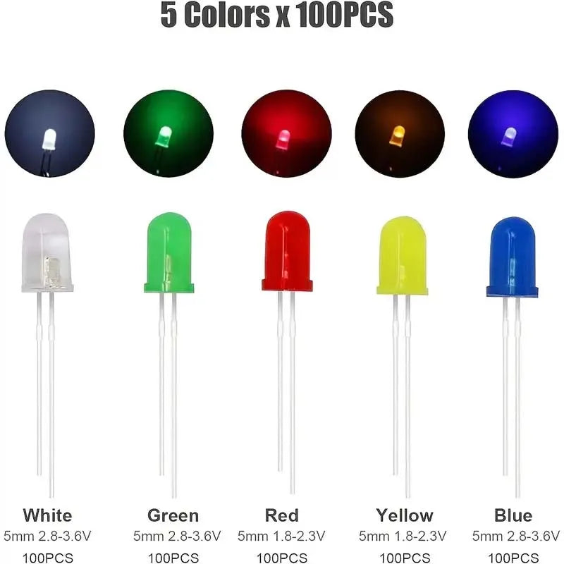 500Pcs Box 5mm LED Diode Yellow Red Blue Green White Assortment Light DIY Kit Light Emitting Diode Set