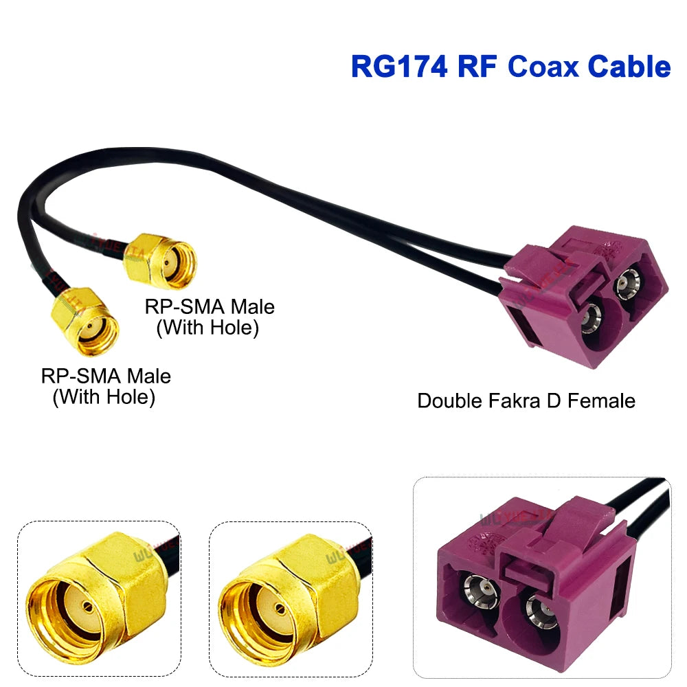 RG-174 Double Fakra D Female to SMA Male Pin + RP-SMA Female Hole 50 Ohm RF Connector Coaxial Cable WIFI Antenna Jumper Pigtail