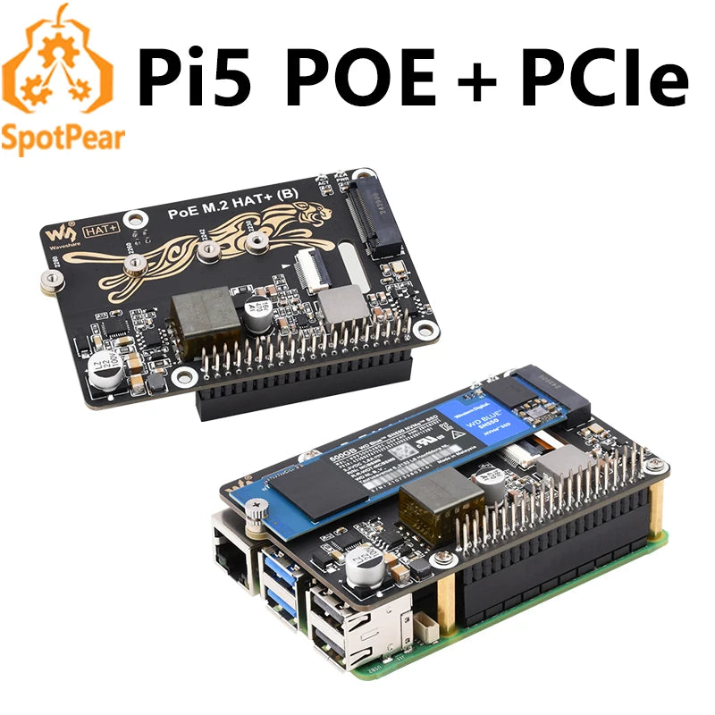 Raspberry Pi 5 PoE Power And PCIe M.2 NVMe SSD HAT PLUS (B) 2230/2242/2260/2280 For PI5