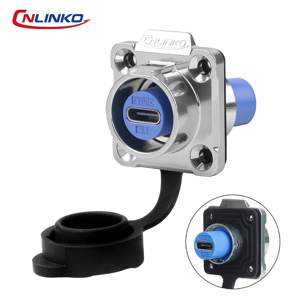 CNLINKO LP16 Waterproof Type-C Connector 5A Female Socket Jacks 10 Gbps Panel Mount Receptacles for Fast Charging Data Transfer