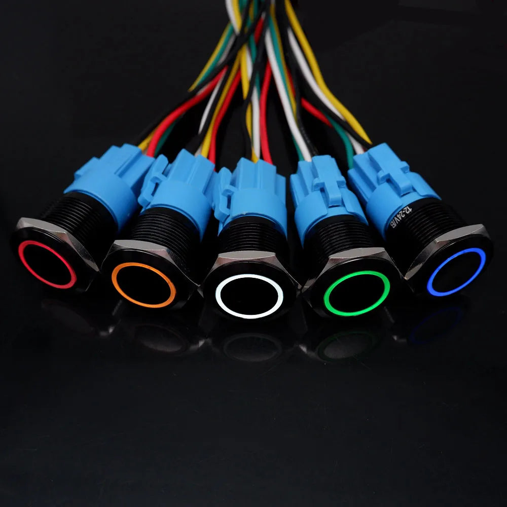 16/19/22mm Metal Push Button On Off Switch LED Light Momentary Latching Waterproof Flat Circular Button Silver Black 6v 12v 220v