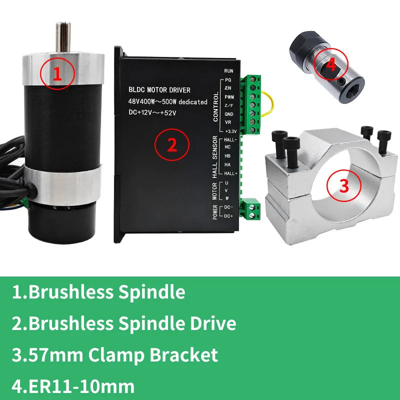 48V 500W ER11 Brushless Spindle+57MM Clamp with Screws+ 48V Brushless Motor Driver+ER11-10mm Built in HALL Sensor