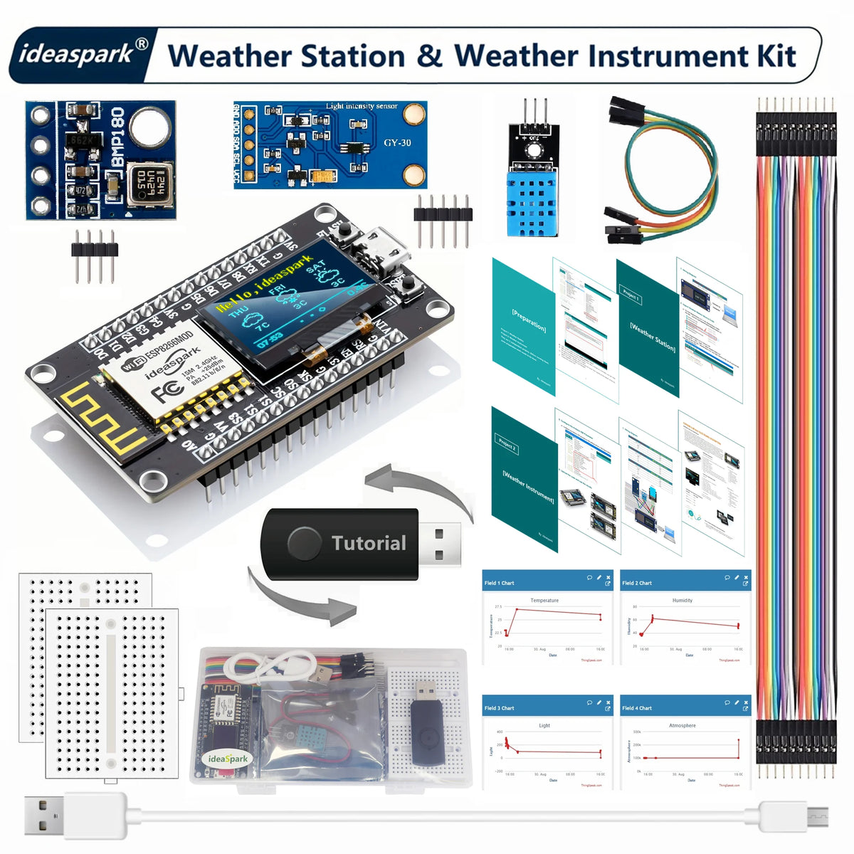 ESP8266 Weather Station Weather Instrument Kit,DHT-11 BMP-180 BH1750 Sensor NodeMCU 0.96'' OLED Board for Arduino IoT Starter