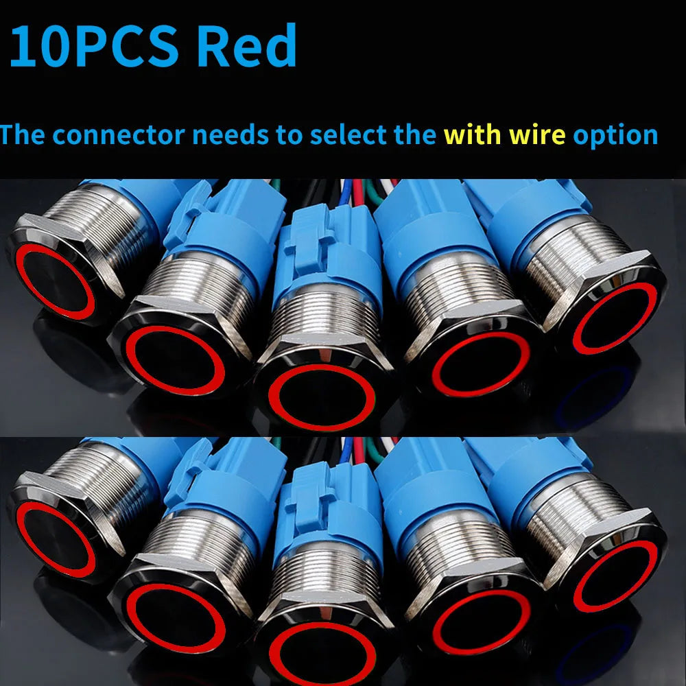 10PCS 16mm 19mm Metal Power Switch Button Flat Round LED Lamp Light Waterproof Latching /Self-reset Button Car Start Switch 12V