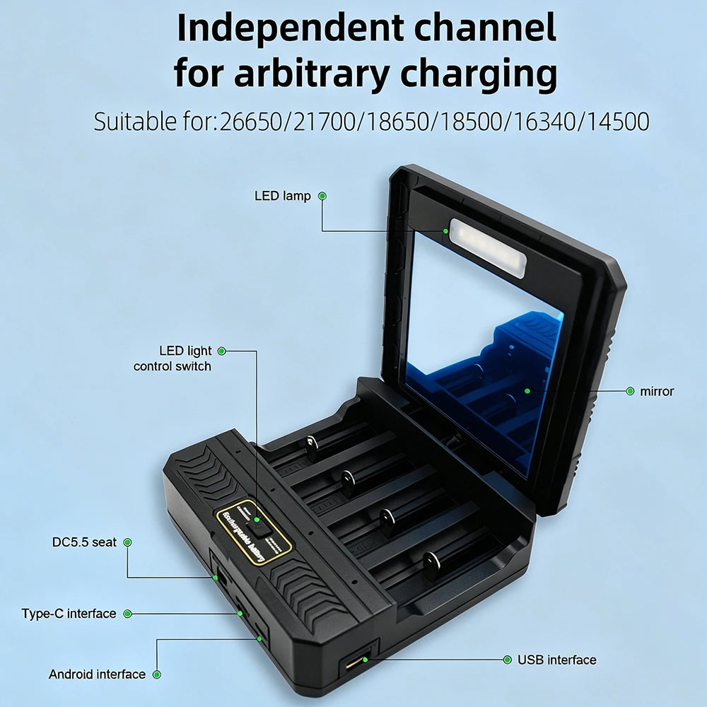 PHOMAX 4 Slot Battery Solar Charger.18650 Charger Multi-Function Portable Outdoor Charger Box With LED Light Type-C USB Output