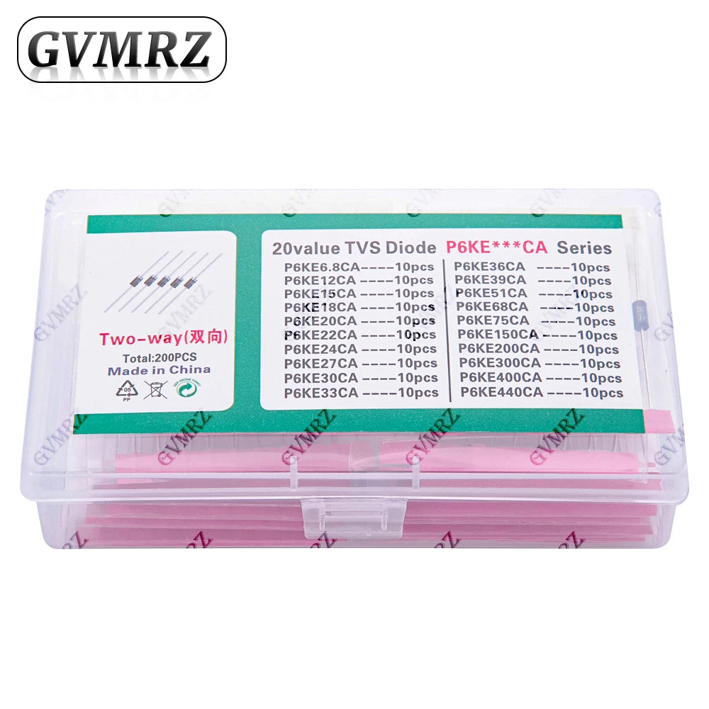 200pcs 20values*10pcs TVS transistor Kit P6KE6.8A/CA 12/15/18/20/22/24/27/30/33/36/39/51/68/75A/CA TVS Diode