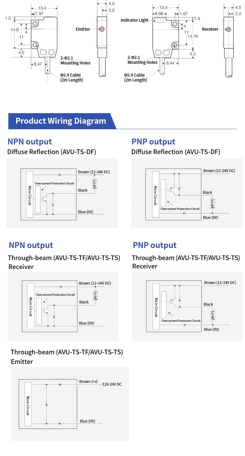 TS Ultra-thin Photoelectric Sensor 30/250/500/1000mm NPN PNP Front Through-beam Fast Response High Precision Anti‑interference