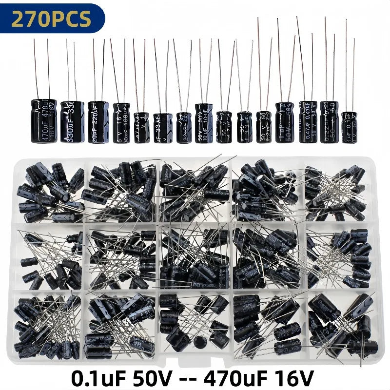15 Values Electrolytic Capacitor Assortment Kit, 270Pcs 0.1uF to 470uF Aluminum Electrolytic Capacitors Set