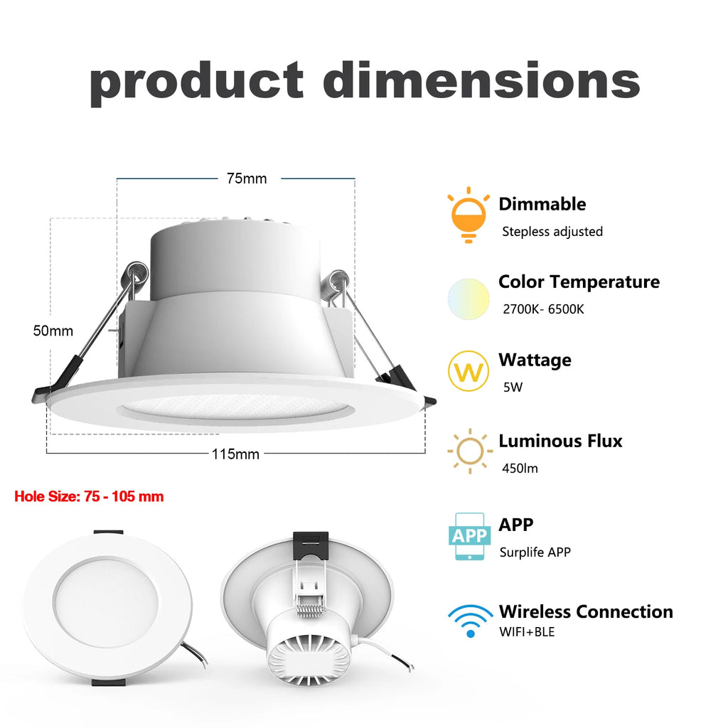 1-10PCS 5W Smart LED Downlight WiFi Ble Ceiling Lamp RGB Lamp APP Remote Control Color Changing Light for Google Alexa Home