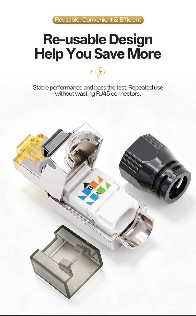 Cat7 Tool‑Free RJ45 Connector Shielded Reusable Field Termination Zinc‑Alloy No Crimp for CAT7 CAT6A STP Network Cabling Project