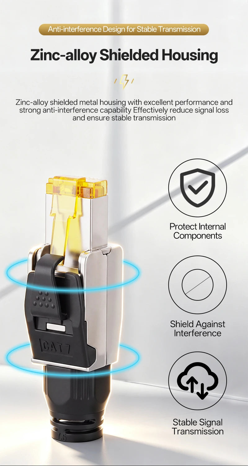 Cat7 Tool‑Free RJ45 Connector Shielded Reusable Field Termination Zinc‑Alloy No Crimp for CAT7 CAT6A STP Network Cabling Project