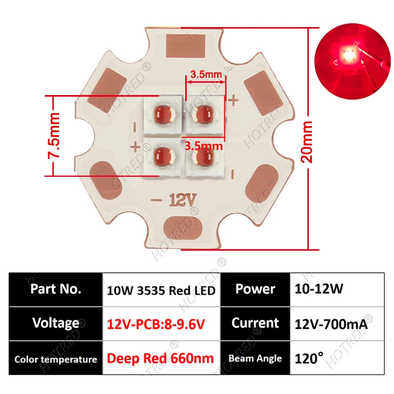 10W High Power LED Chip IR Infrared 660nm 680/730/760/810/850nm 12W 3535 Bead 2V 4V 8V 700/1400/2800mA For Night Vision Security