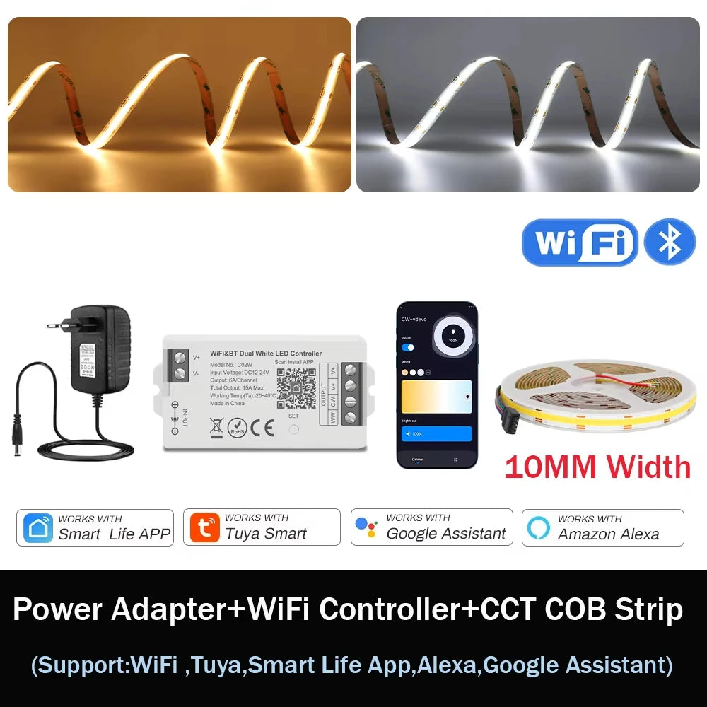 1-10M CCT 2700K-6500K Dimmable LED Strip 5mm 10mm COB LED Strip Light CCT Strip Tuya WiFi Controller Linear LED Tape With Dimmer