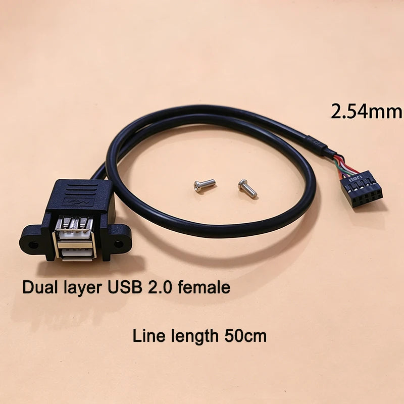 Motherboard 9-Pin to Dual USB 2.0 Female/Male Extension Cable 2.54mm Pin Header Connector for PC Case Front Panel 20cm/30cm/50cm