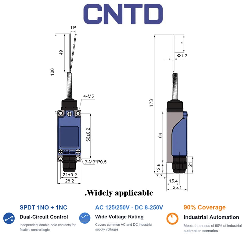 CNTD CZ-8169N 10A IP67 Spring Rod Vertical Limit Switch 250VAC 1NO 1NC SPDT Zinc Alloy Industrial Automation