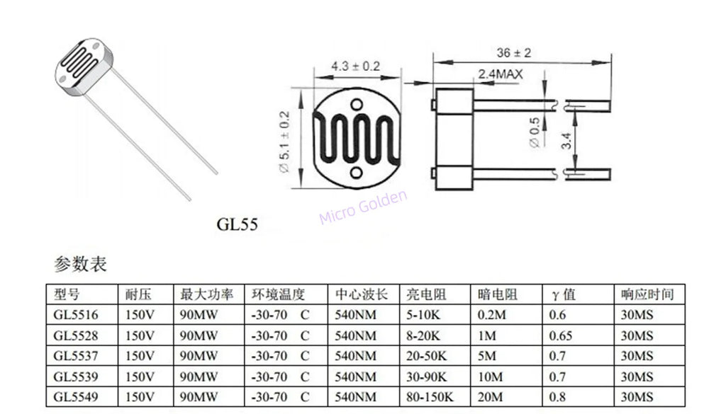 (1000pcs) LDR Photo Light Sensitive Resistor GL5506 5516 5528 5537 5539 5547 5549 5MM Photoresistor Photoelectric For Arduino