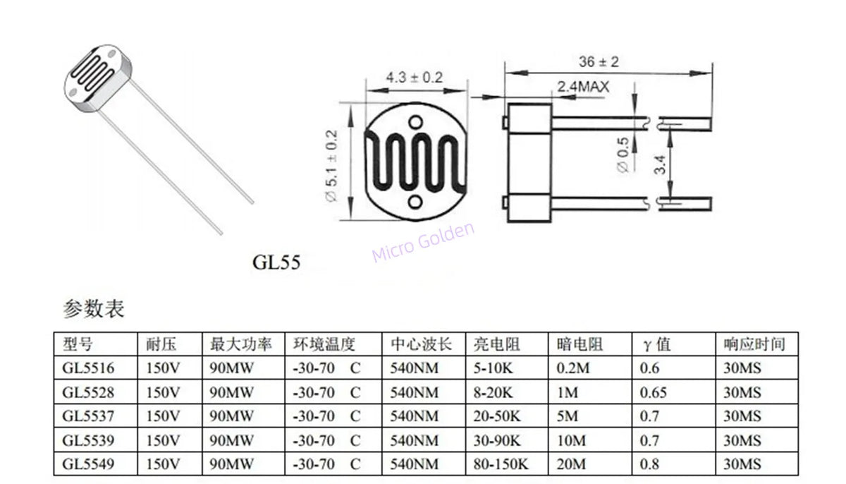 (1000pcs) LDR Photo Light Sensitive Resistor GL5506 5516 5528 5537 5539 5547 5549 5MM Photoresistor Photoelectric For Arduino