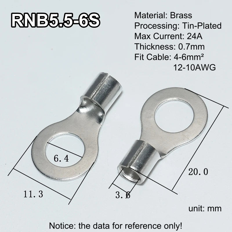 100pcs RNB Brass Ring Bare Terminal Block Connector Cable Lugs Wire Crimping Tips Electrical Connection Strips 12V 2.5mm 4mm 6mm