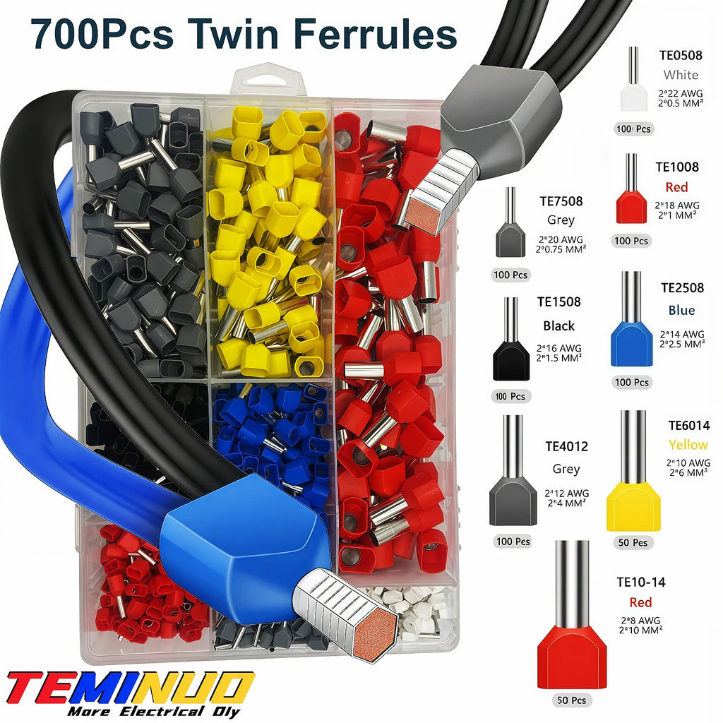 100/700pcs TE Double Wire Tube PVC Insulated Terminal Crimping End Cold Wire Connector Electrical Ferrules Tubular, Double Wire