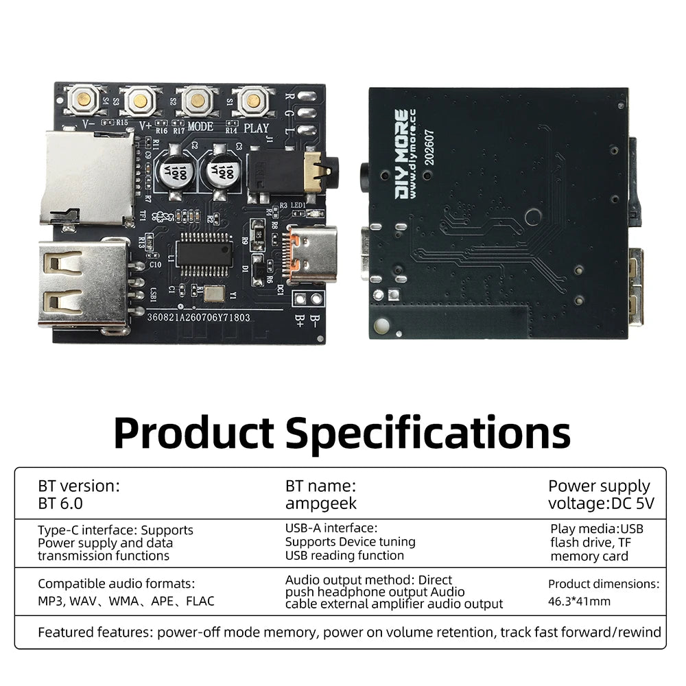 DC 5V Bluetooth 6.0 MP3 Audio Decoder Board Audio Receiver Amplifier Module Type C Port Car Home Speaker Headphones