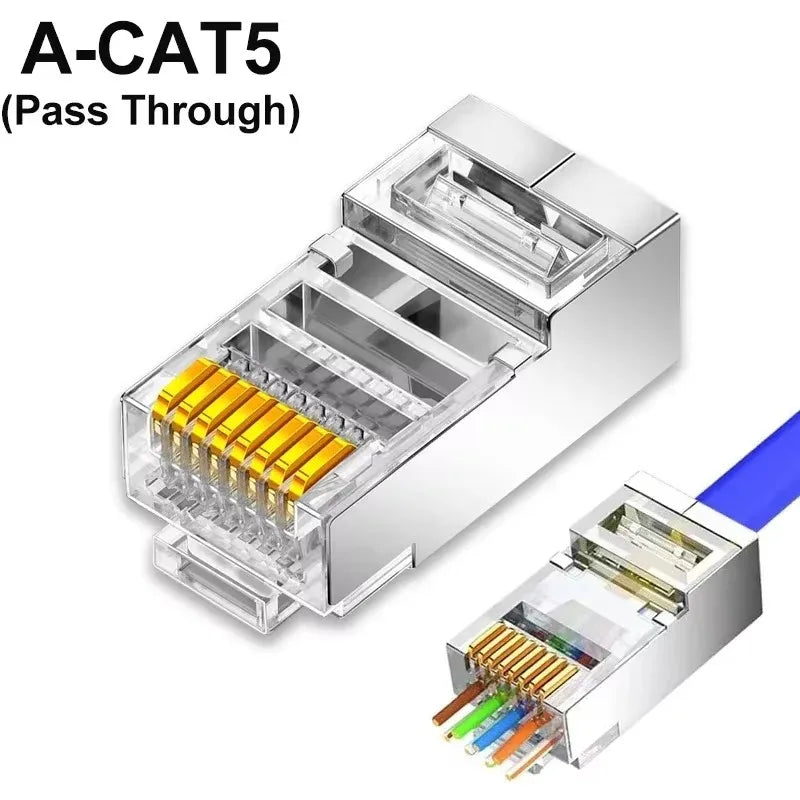 RJ45 CAT5 Pass Through Connectors Crystal End Gold-Plated to Crimp Modular Plug for Solid Or Stranded UTP Network Cable Sleeve