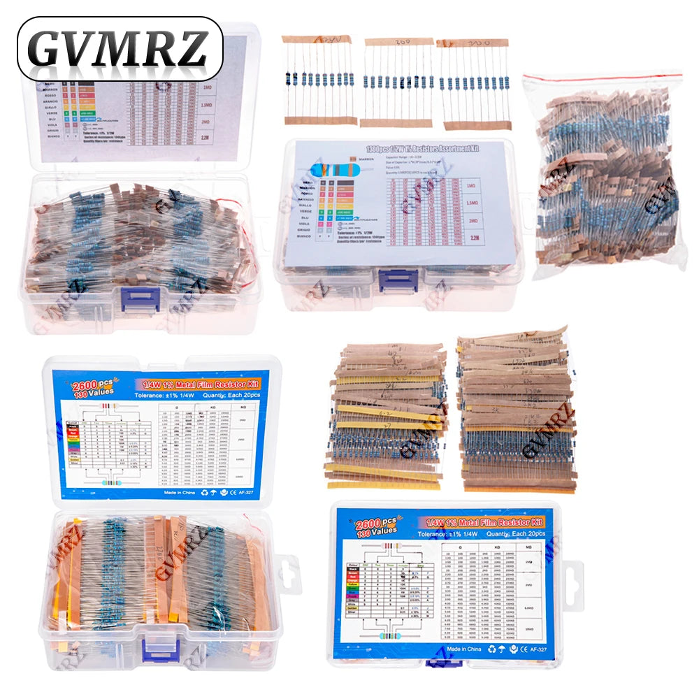 1/4W 1/8W 1/2W 1W 2W Metal Film Resistor Kit 130 Values 0.125W 0.25W 0.5W 1% Resistance Assortment Assorted Set Box 0.1667W