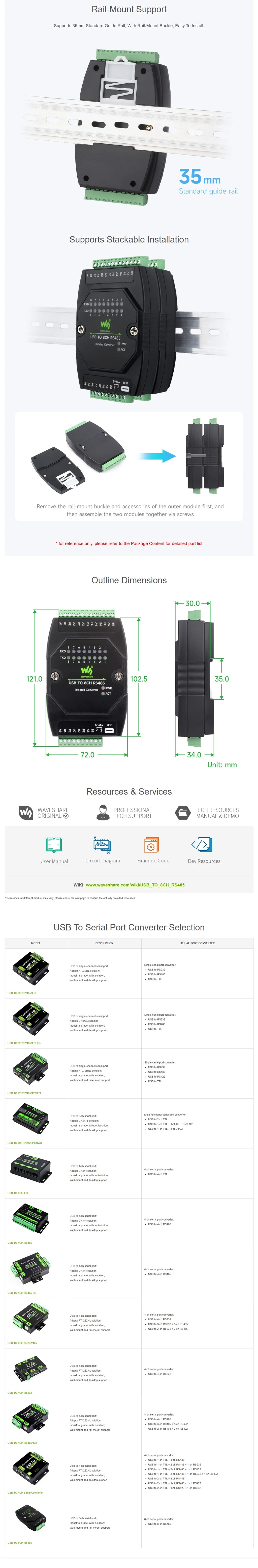Waveshare USB TO 8CH RS485 Industrial Grade Isolated Converter, USB To RS485 Adapter, Multiple Protection Circuits, Wall-mount