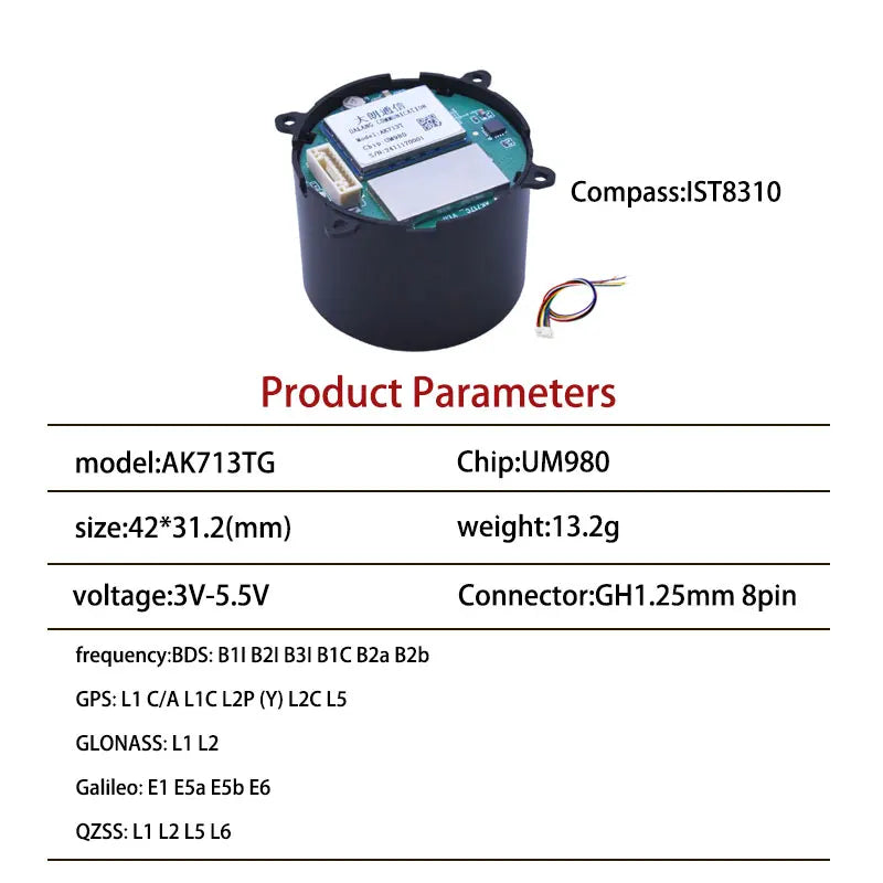 ZED-F9P/UM980/UM981/UM960/Beiyun M20 GNSS/GPS Centimeter-Level RTK Module with Helix Antenna Compass IST8310/RM3100,FOR UAV