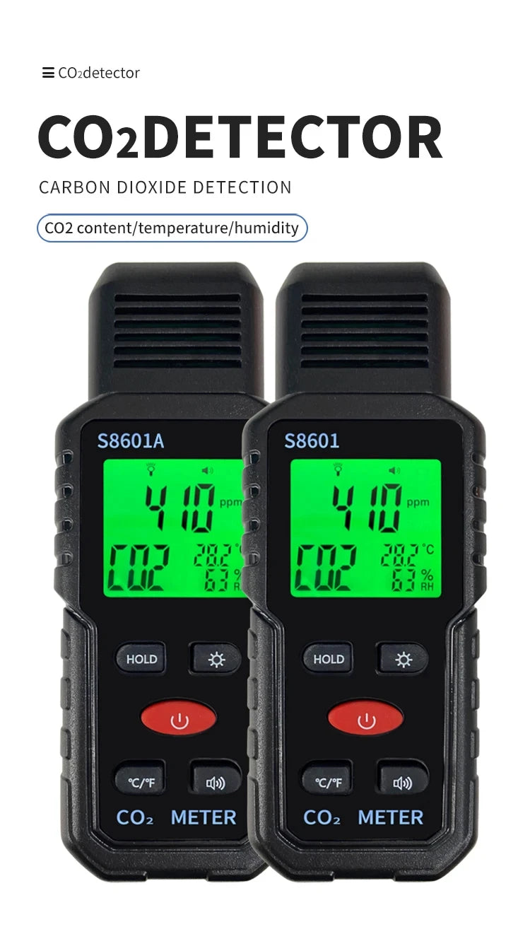 Indoor CO2 Meter Carbon Dioxide Sensor & Alarm NDIR Air Quality Monitor with Temp Humidity LCD Portable High Precision Detector