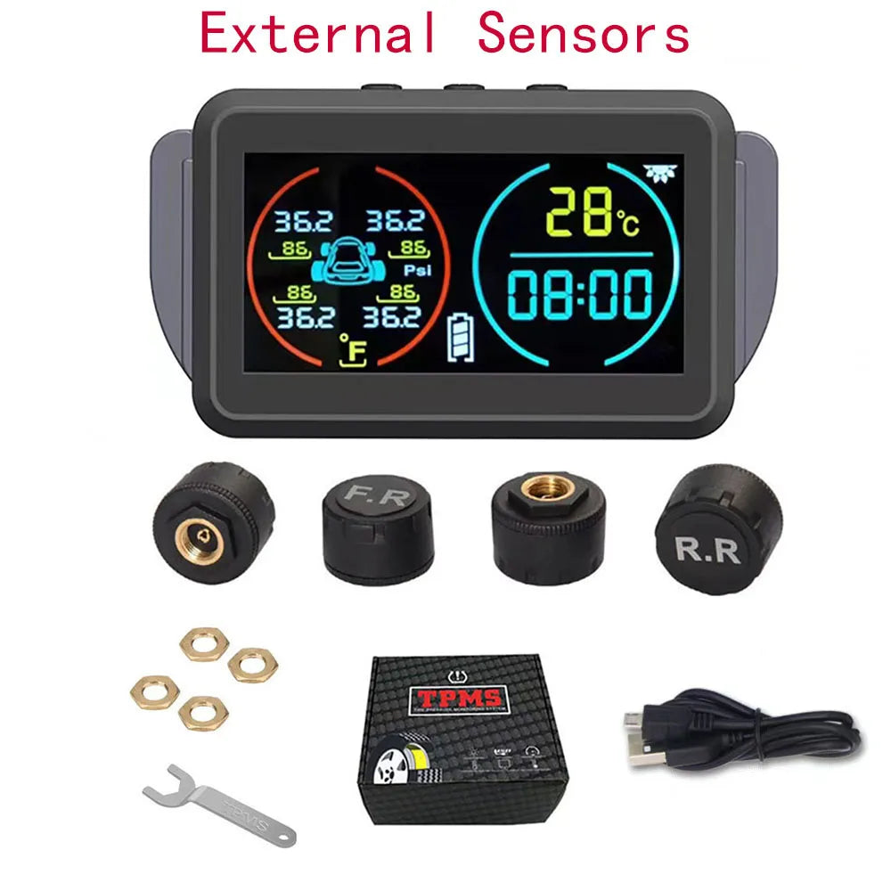Smart Solar Power TPMS Car Tire Pressure Monitoring System Alarm Tyre Air Pressure Meter Gauge Temperature Warning 4 Sensors