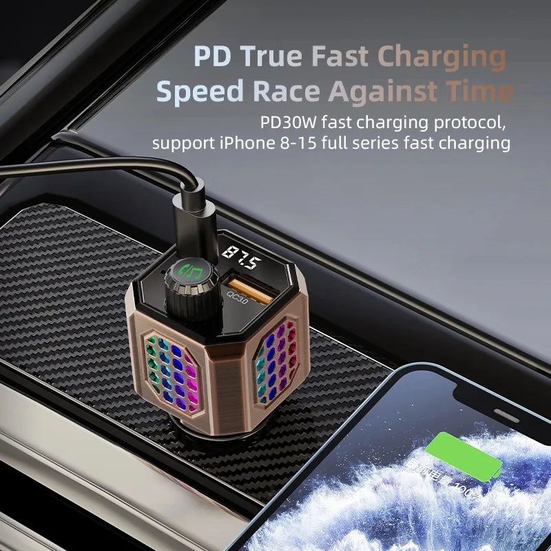 Car Adapter Bluetooth FM Transmitter For Car PD30W&QC3.0 Car Charger Bluetooth Adapter Zinc Alloy Color Light Hands-Free