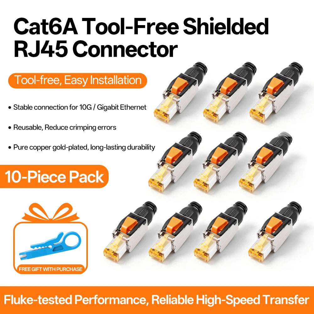 BYXGD CAT6A Tool‑Free Shielded RJ45 Connector 10Gbps 500MHz Reusable STP Ethernet Plug No Crimp Tool for 22‑26AWG Network Cable