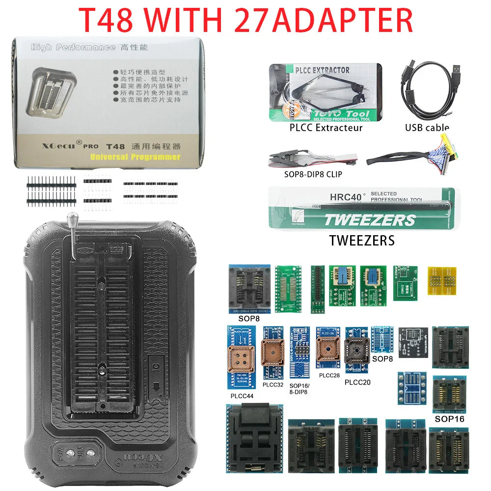 XGECU T48 (TL866-3G) Programmer with ISP Cable Support 34000+ ICs for SPI/Nor/NAND Flash/EMMC BGA/TSOP/SOP/PLCC+ 27 Adapters