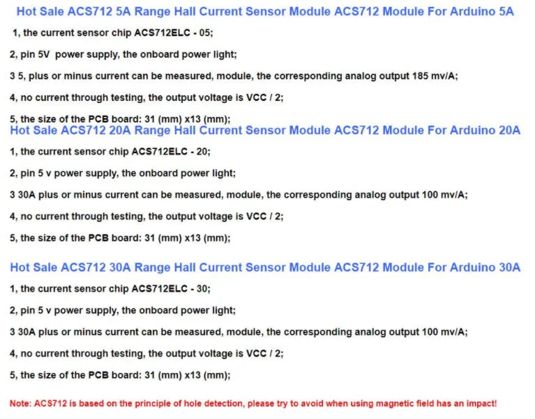 ACS712 Hall Current Sensor Module 5A 20A 30A Current detection board Hall current sensor 05B