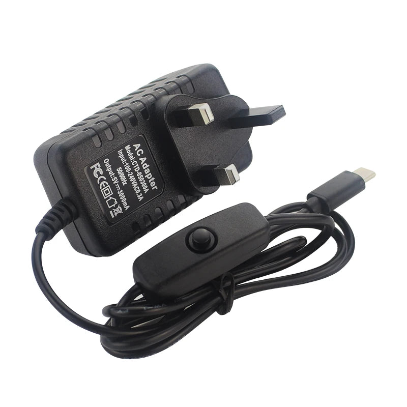 5V 3A Power Supply with ON/OFF Switch EU US UK Plug Charger USB Type-C Power Adapter for Raspberry Pi 4 Orange Pi Zero 3 / 3B
