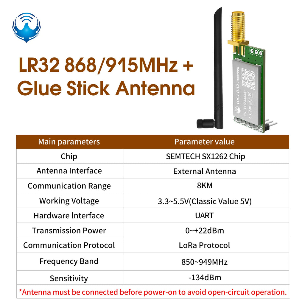 DX-LR32 SX1262 LoRa UART Module AT Command 5KM Range 432-533/850-949MHz No Programming Needed CE FCC Arduino