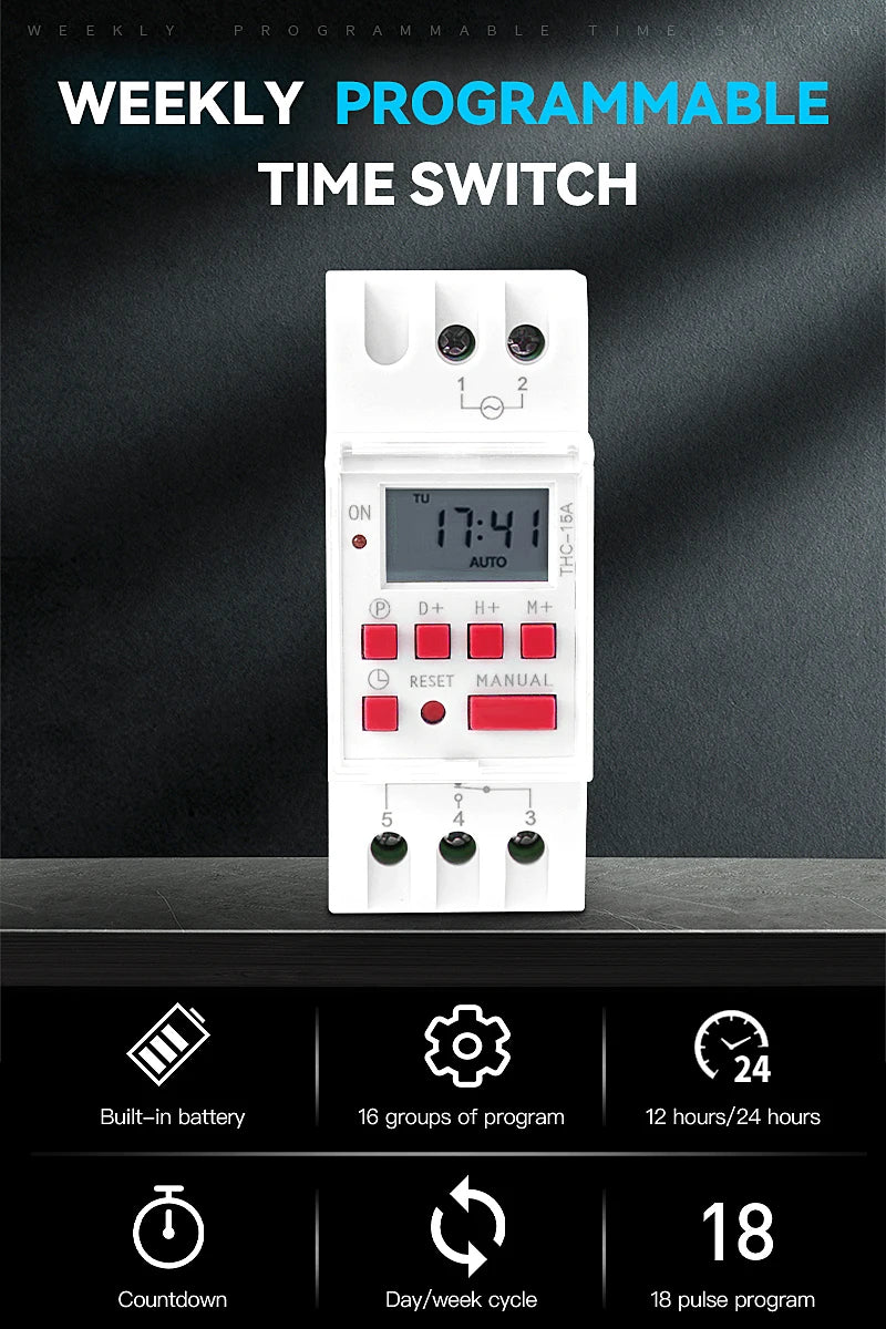 GEYA THC-15 Digital Timer Switch Weekly Programmable Timers 16A 20A 30A ACDC12V 24V 110V 220V 240V Timers