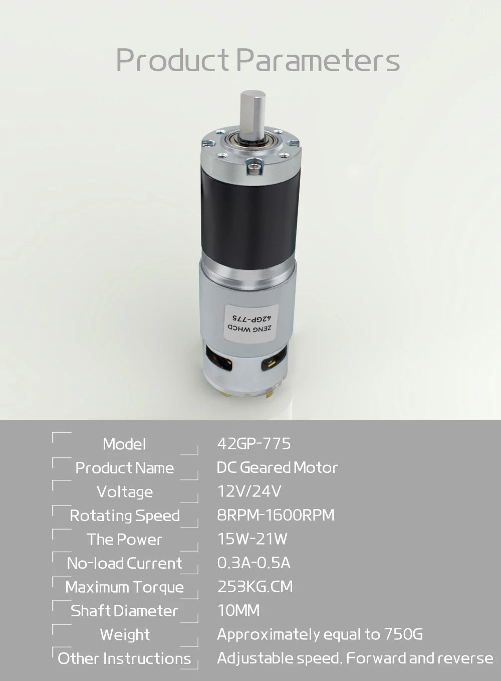 42GP-775 Planetary Gear Reduced DC Motor, 12V/24V, 10mm Output Shaft All-Metal Gears Torque up to 253KG Reversible Brushed Motor
