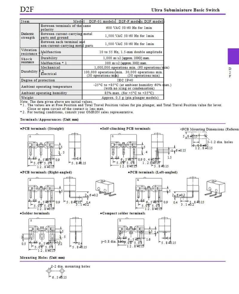 D2F - F-3-7 Snap Action N.O./N.C. SPDT Pin Plunger 3A 125VAC 30VDC 1.47N Travel micro switch for Omron mouse switch