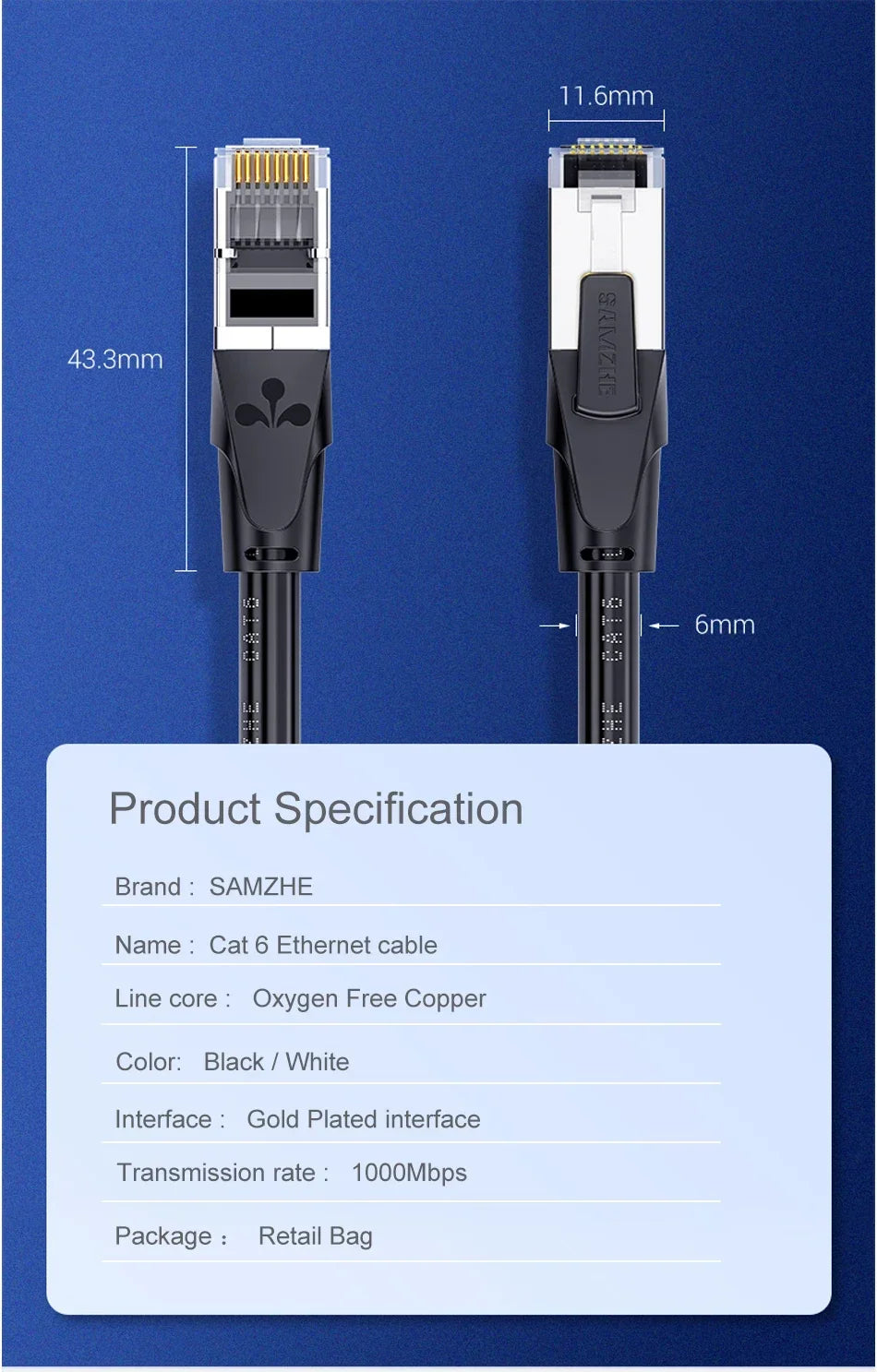 SAMZHE CAT6 Round Ethernet Cable RJ 45 Network Cable Patch Cord for Laptop Router RJ45 Internet Cable for Gaming Home Office