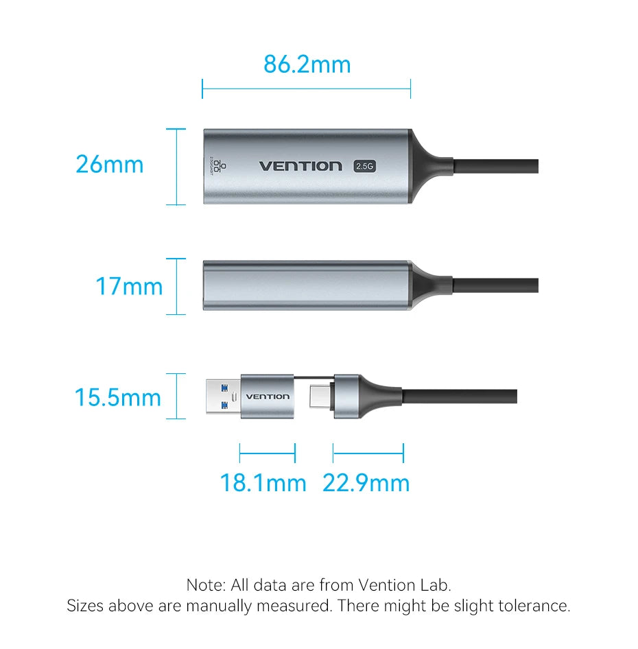 Vention USB A C 2.5G Ethernet Adapter USB 3.0 2500/1000 Mbps Network Card for MacBook iPad USB Lan RJ45 for PC Windows Laptop