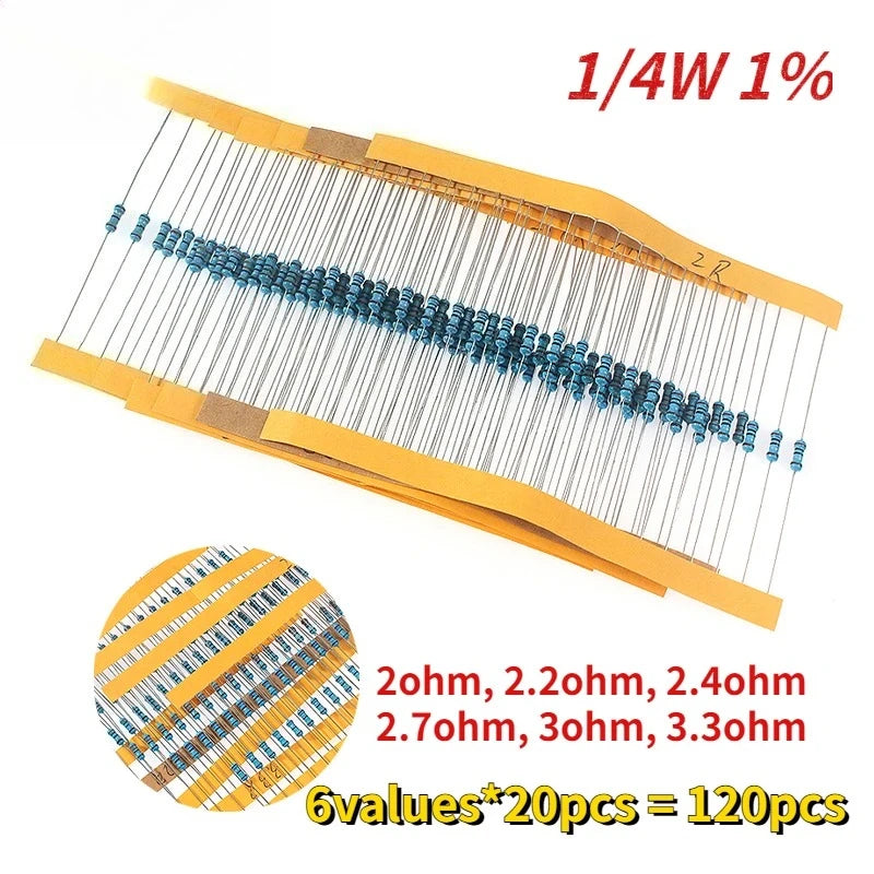 120PCS Metal Film Resistor 1/4W 1% Ohm Resistance Kit 2ohm 2.2ohm 2.4ohm 2.7ohm 3ohm 3.3ohm Car Airbag Repair Resistor Set