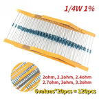 120PCS Metal Film Resistor 1/4W 1% Ohm Resistance Kit 2ohm 2.2ohm 2.4ohm 2.7ohm 3ohm 3.3ohm Car Airbag Repair Resistor Set