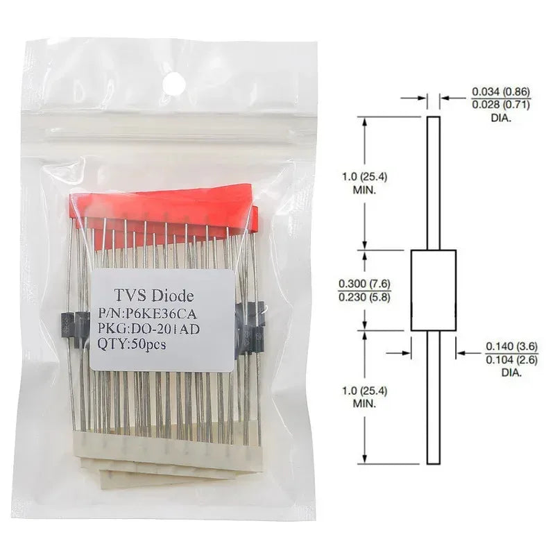 50pcs Two-Way TVS Diode P6KE6.8CA - P6KE51CA DO-201AD