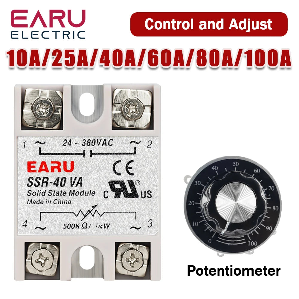 EARU SSR-10VA/25VA SSR-40VA SSR Solid State Relay Voltage Regulator AC 24V-380V Output Potentiometer PID Temperature Controller