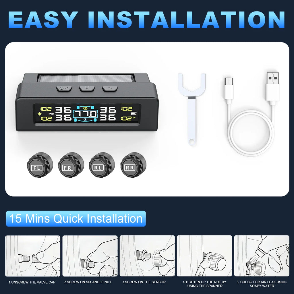 TPMS Tire Pressure Monitoring System Car Safety Alarm System Wireless Solar&USB Powered 4 Sensors with Color Digital Display
